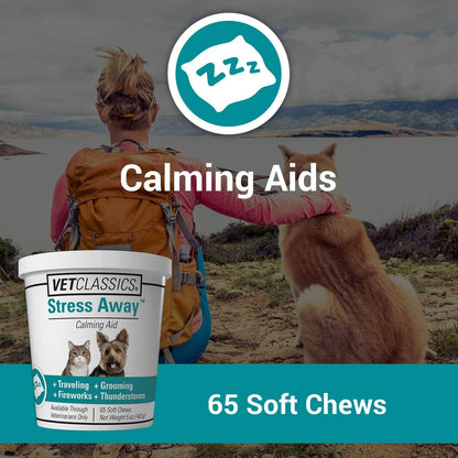 Side view of Vet Classics pet anxiety supplement showing active ingredients like melatonin and ginger