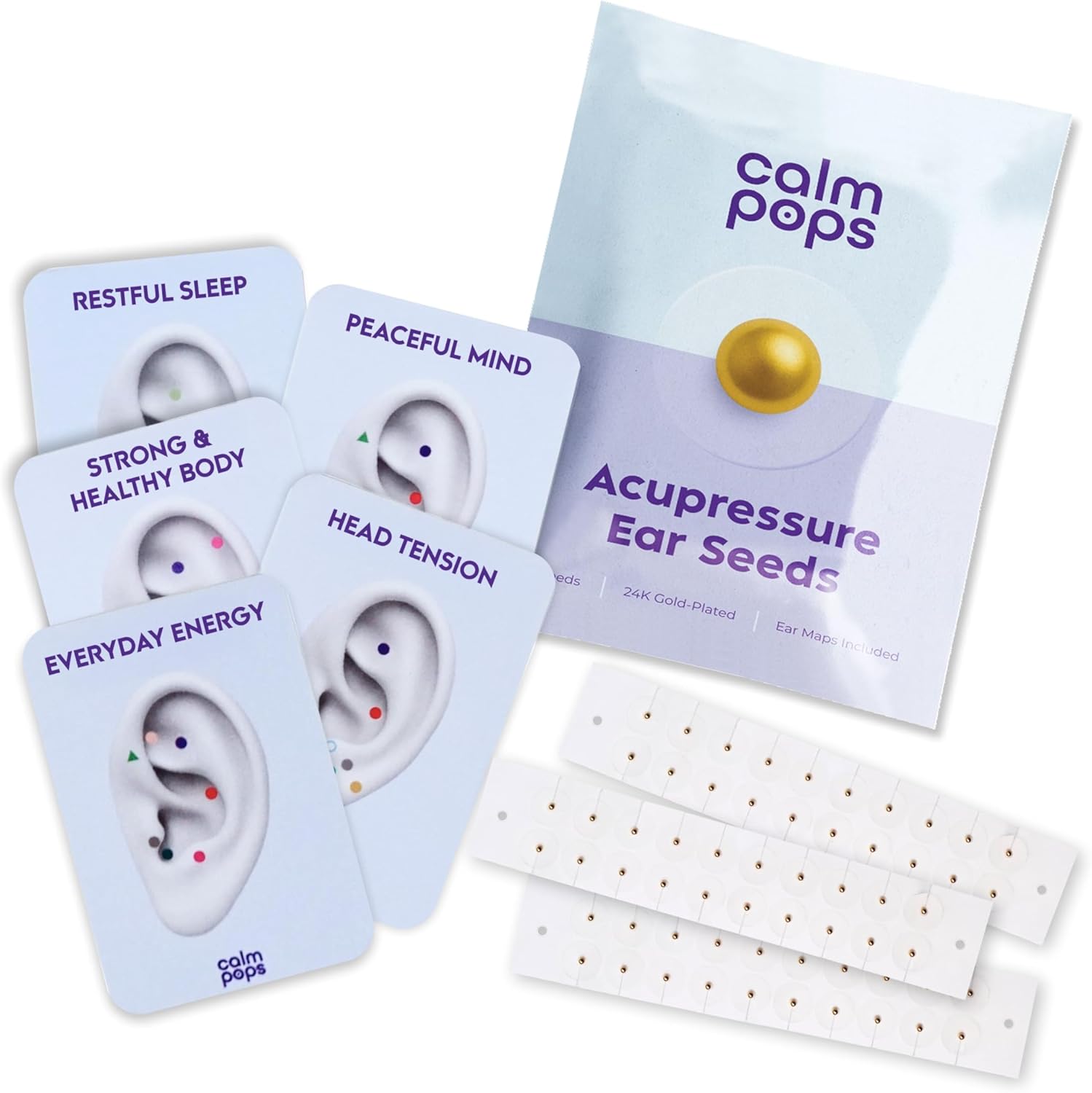 CalmPops Acupressure Ear Seeds front view kit with 24K gold stickers.