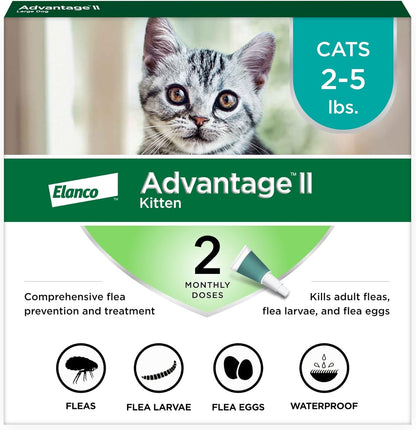 Advantage II Kitten Flea Treatment front view packaging showcasing the two month supply for small cats.