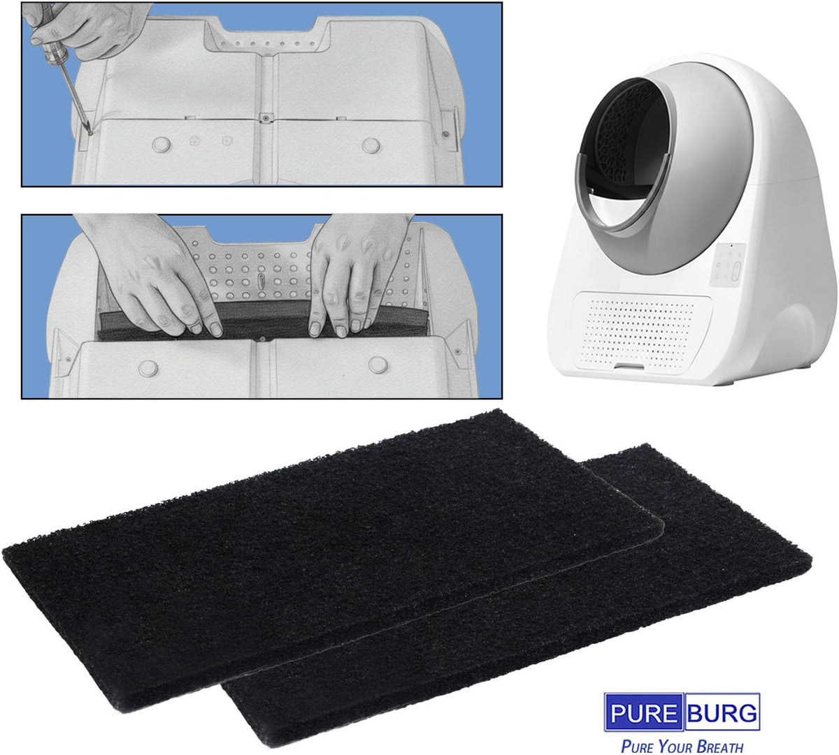 Six black rectangular charcoal deodorizer pads laid out for smart pet appliances