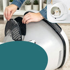 Side view of the semi-circular black charcoal filter designed for pet waste drawer placement.