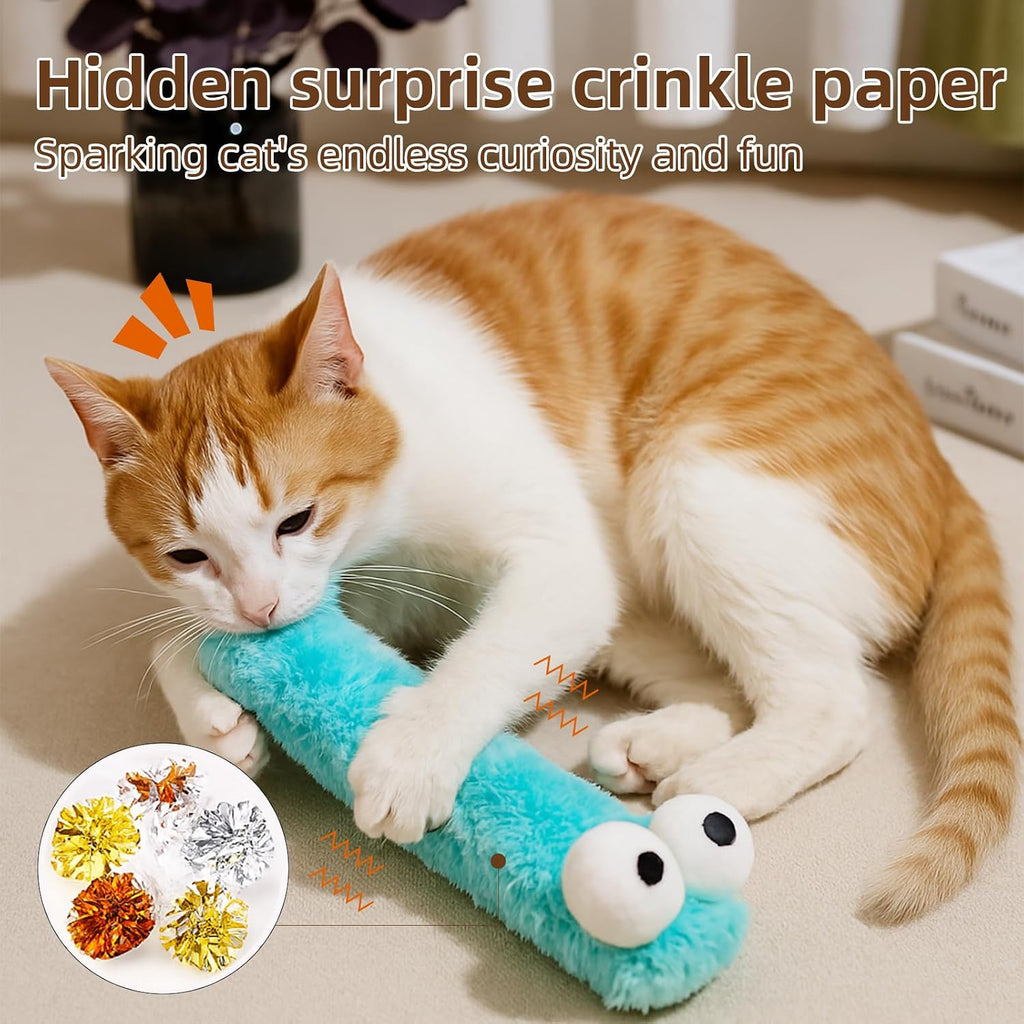 Close up of 12.5 inch cat kicker toy with crinkle sound feature