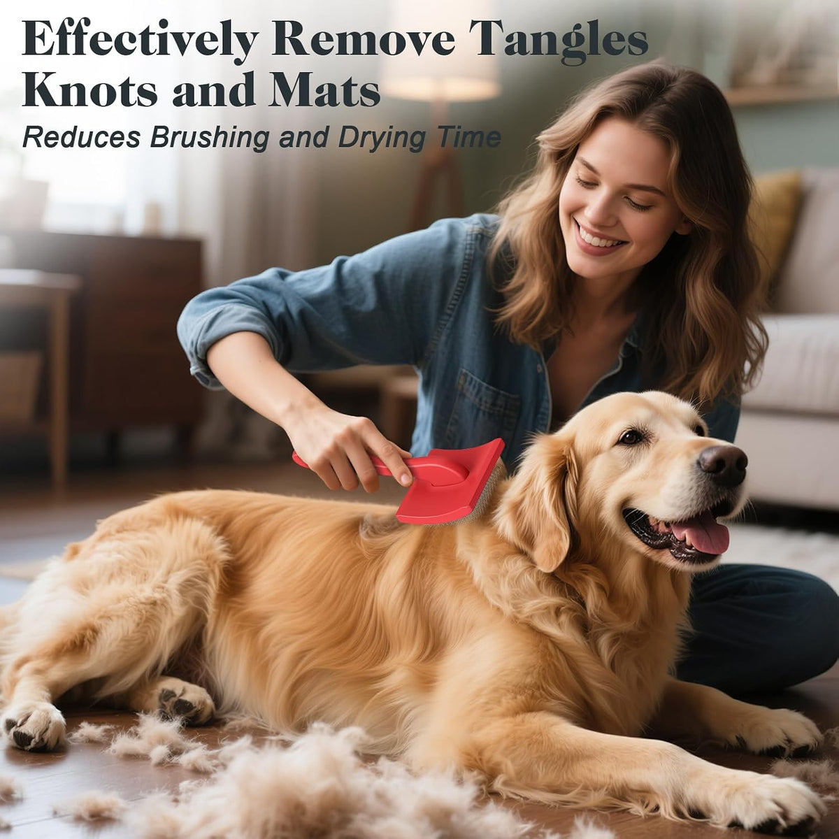 Red large dog slicker brush with extra long angled pins for detangling
