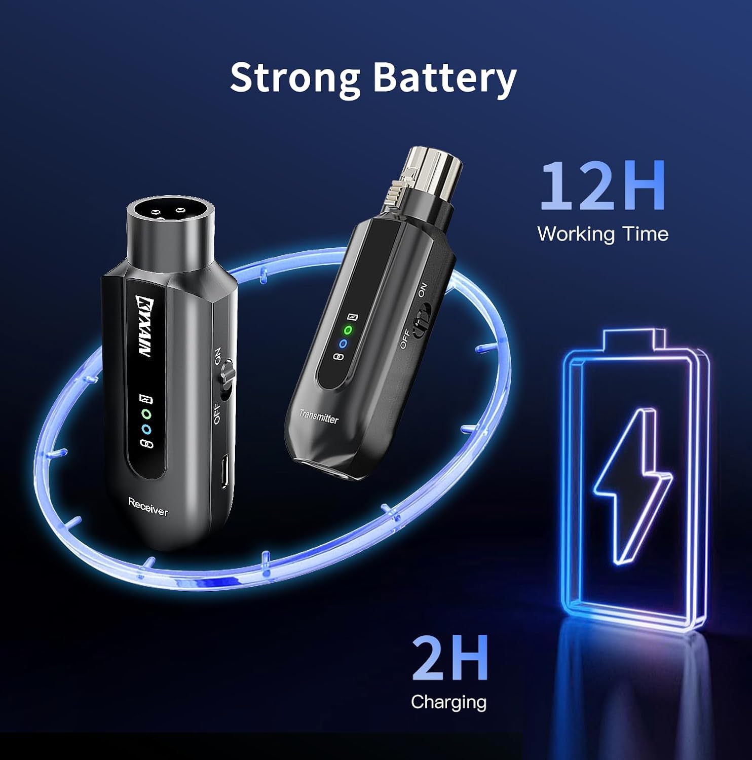 Rechargeable wireless mic adapter transmitter unit displaying LED battery indicator lights