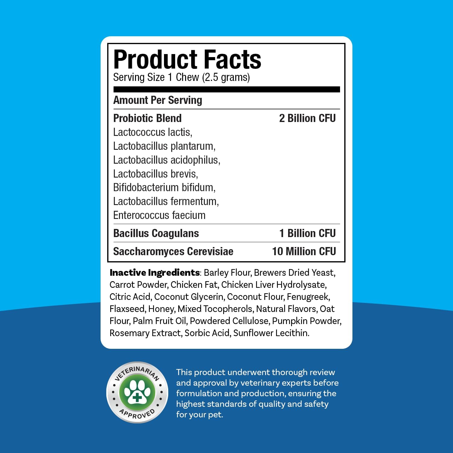PawSafe daily probiotic soft chews showing nutritional facts and feeding guidelines.
