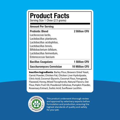 PawSafe daily probiotic soft chews showing nutritional facts and feeding guidelines.
