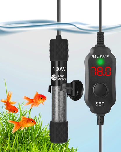 AquaMiracle 100W aquarium heater front view with digital display
