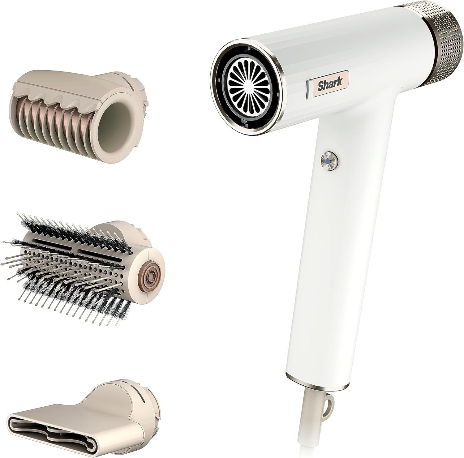 Shark SpeedStyle hair dryer front view in premium silk white finish