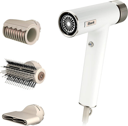 Shark SpeedStyle hair dryer front view in premium silk white finish