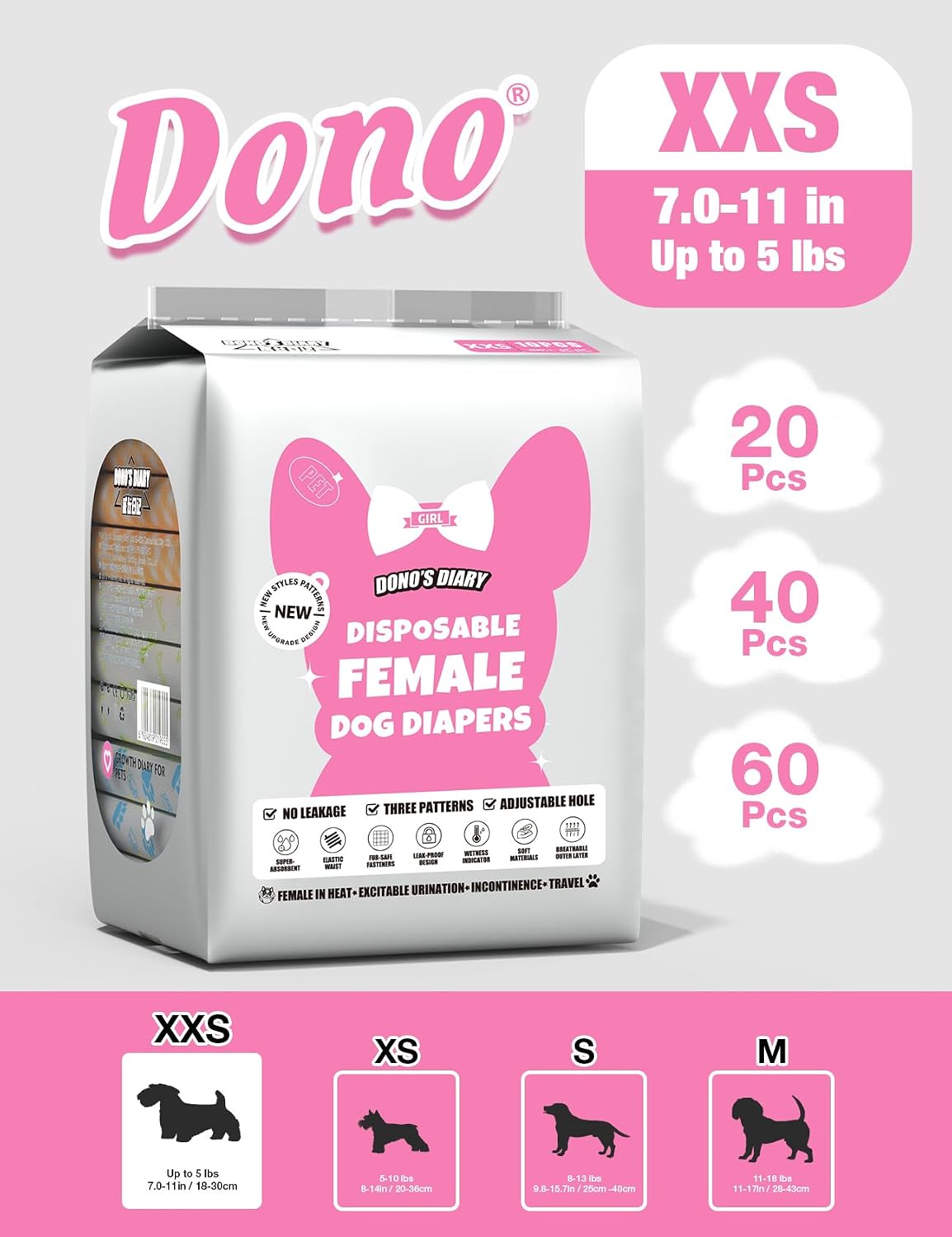 Dono female dog period diaper illustrating the three cute pattern designs