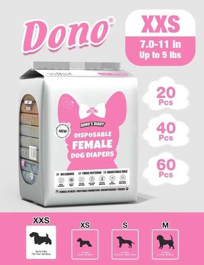 Dono female dog period diaper illustrating the three cute pattern designs