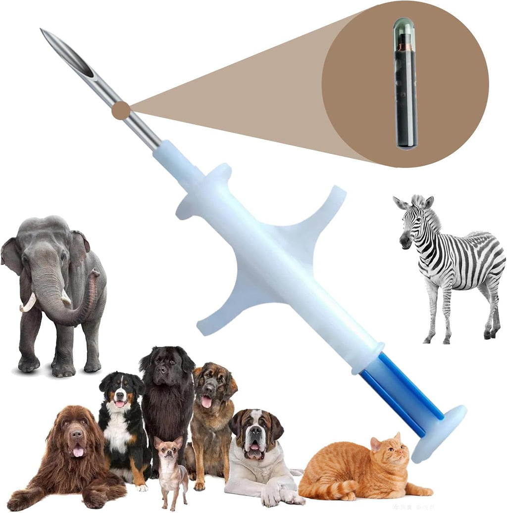 Manruta subcutaneous pet tracking microchip preloaded in a disposable injector device.