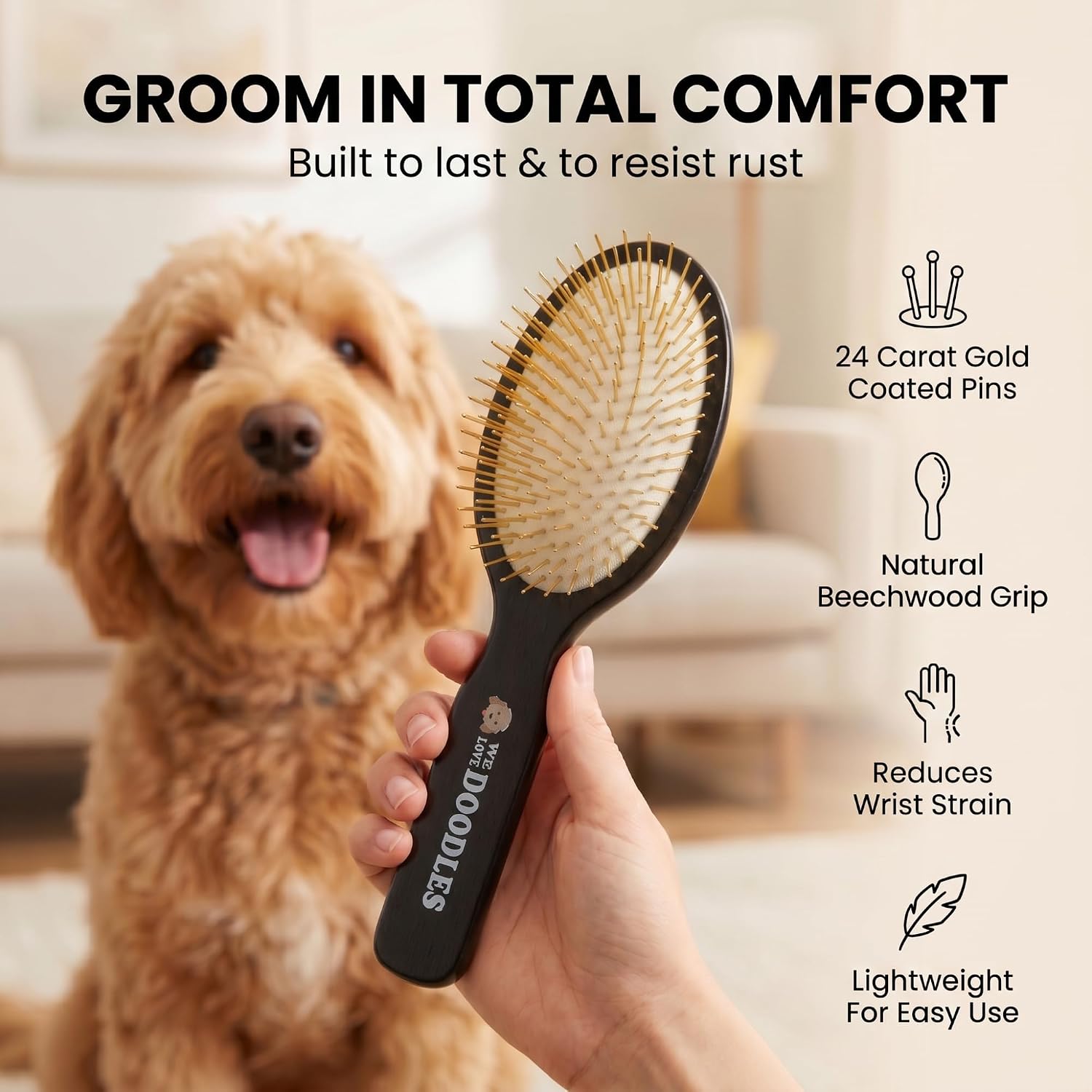Close up of the twenty seven millimeter gold plated pins on the We Love Doodles dog brush.