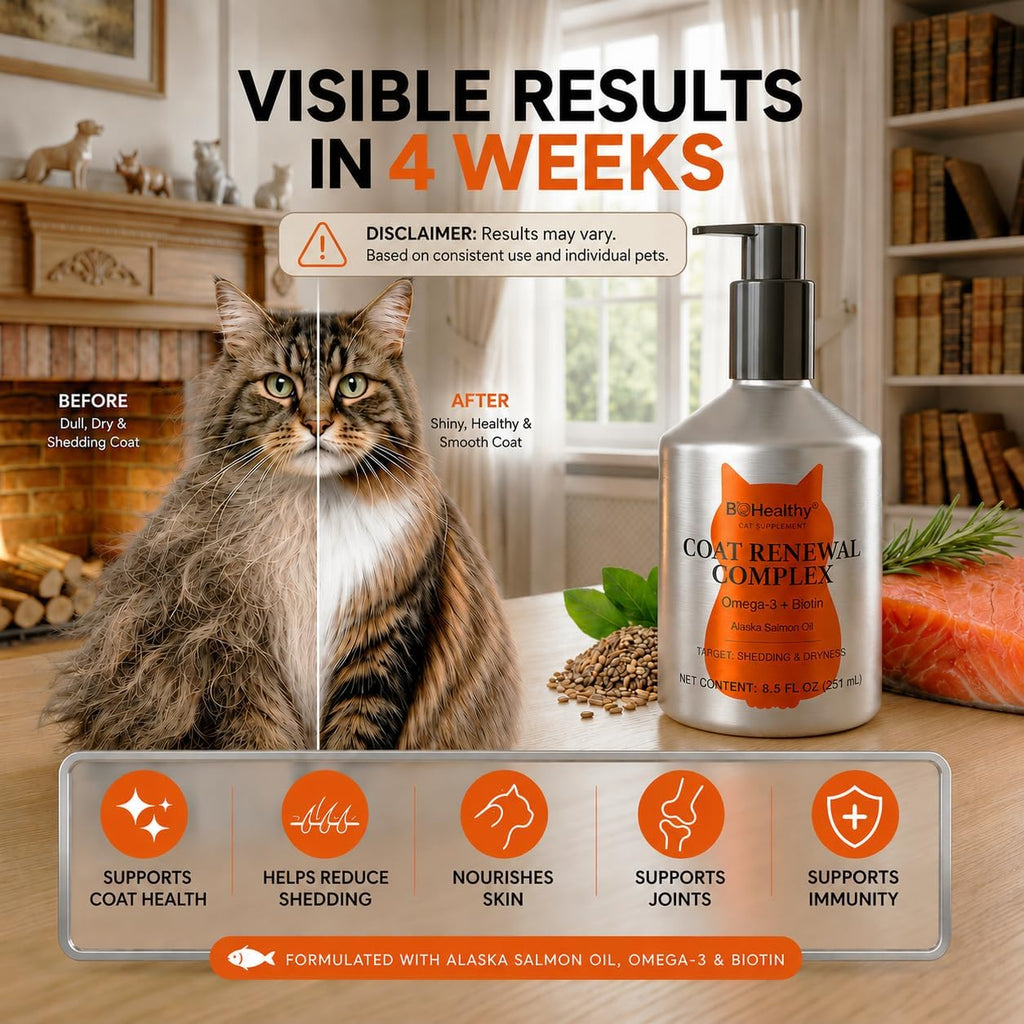 Side view of BoHealthy cat liquid supplement showing the mess-free pump dispenser.