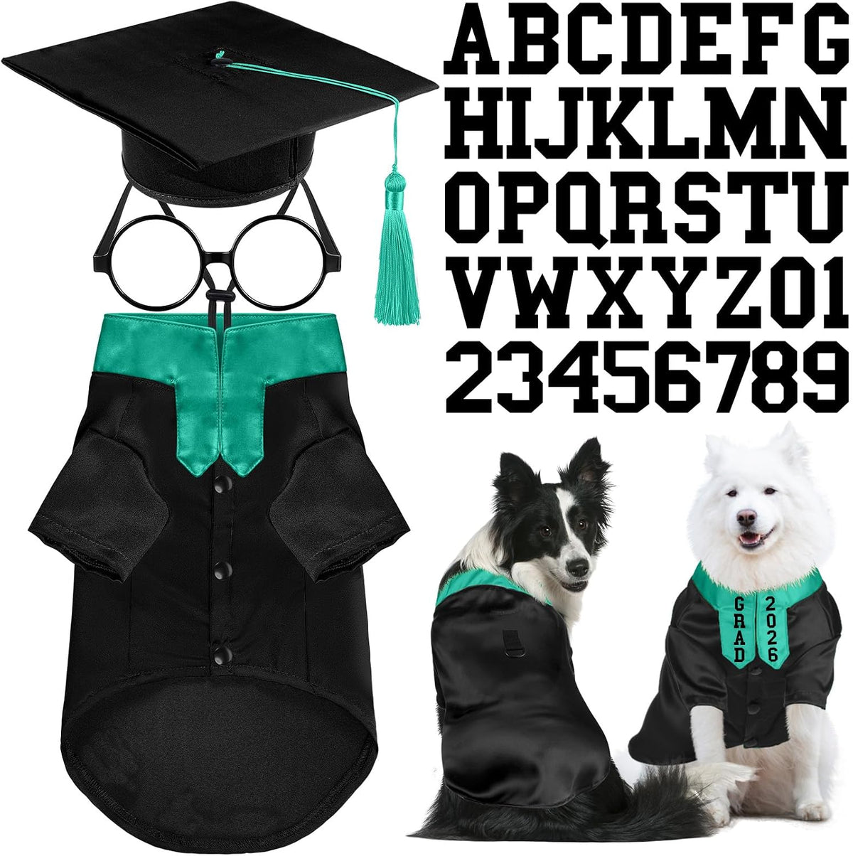 Huhumy 5 Pcs Dog Graduation Costume Set Include 2026 Pet Graduation Gown with Stole Puppy Grad Cap Lensless Glasses DIY Letter Stickers for Dogs Cats Holiday Costume Accessory(Black Yellow,S) - Image 12