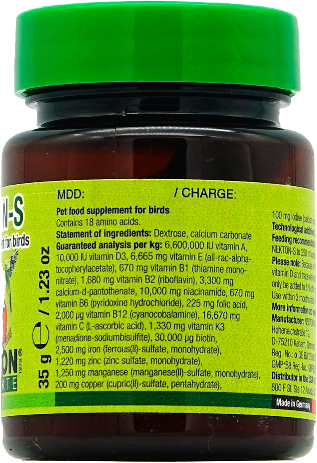 Nekton-S daily bird multivitamin powder bottle highlighting the 13 vitamins and 18 amino acids formulation