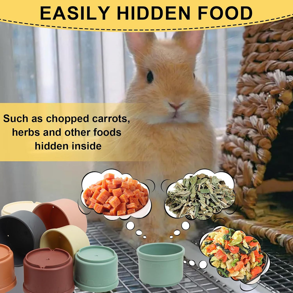 Brightly colored lightweight small pet toy cups upside down to conceal healthy pet treats