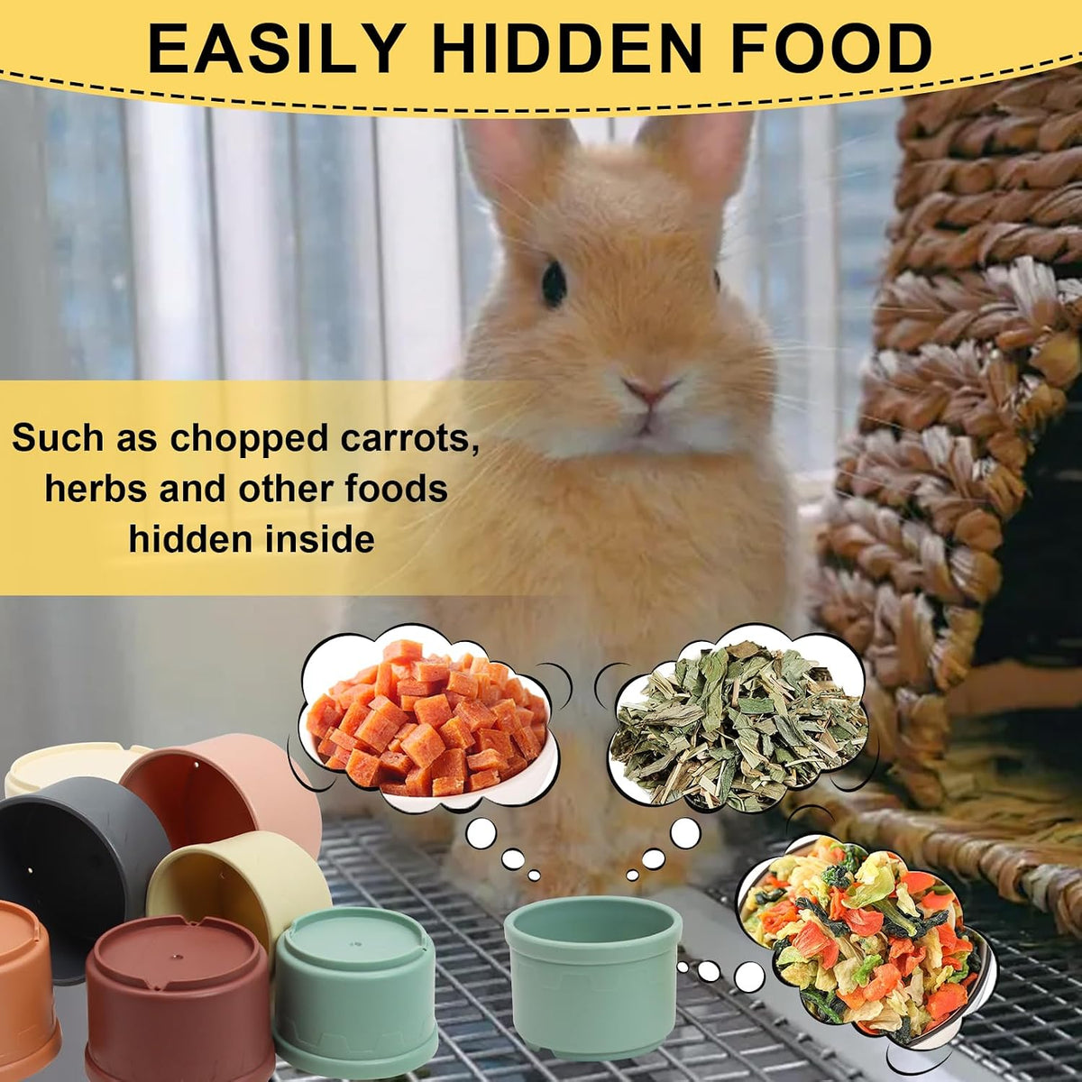 Brightly colored lightweight small pet toy cups upside down to conceal healthy pet treats