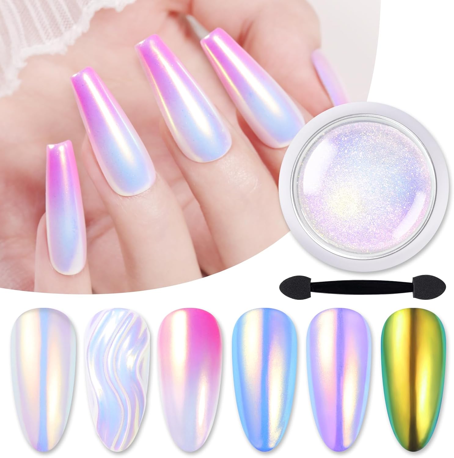 Born Pretty chrome aurora mermaid pearl nail powder kit front view