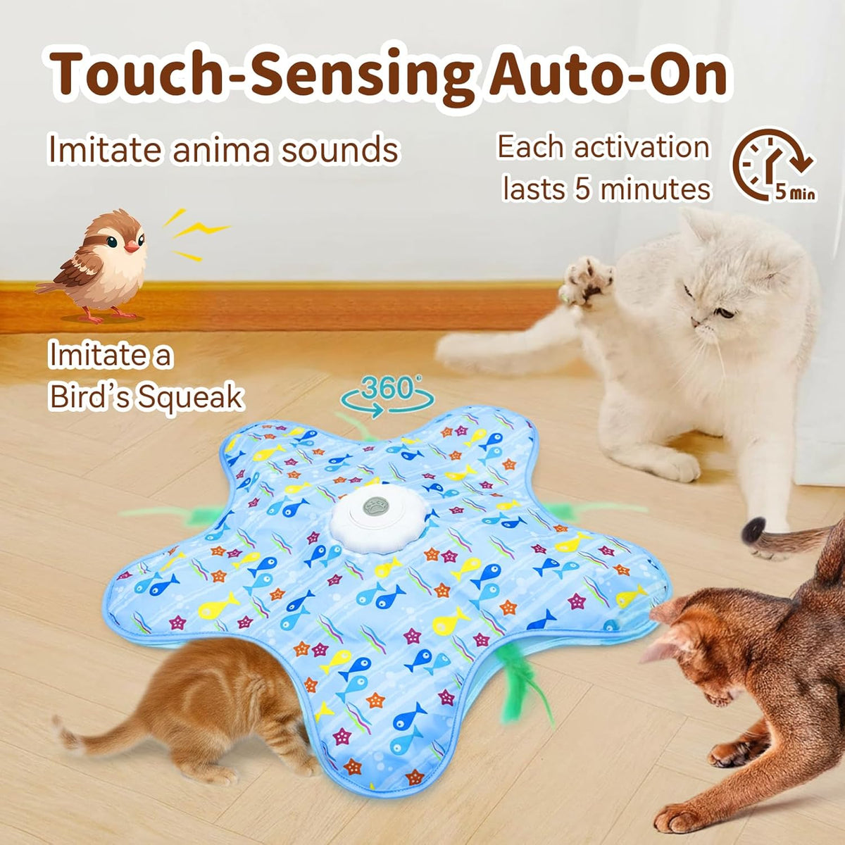Rechargeable indoor cat puzzle toy displaying the single button control interface.