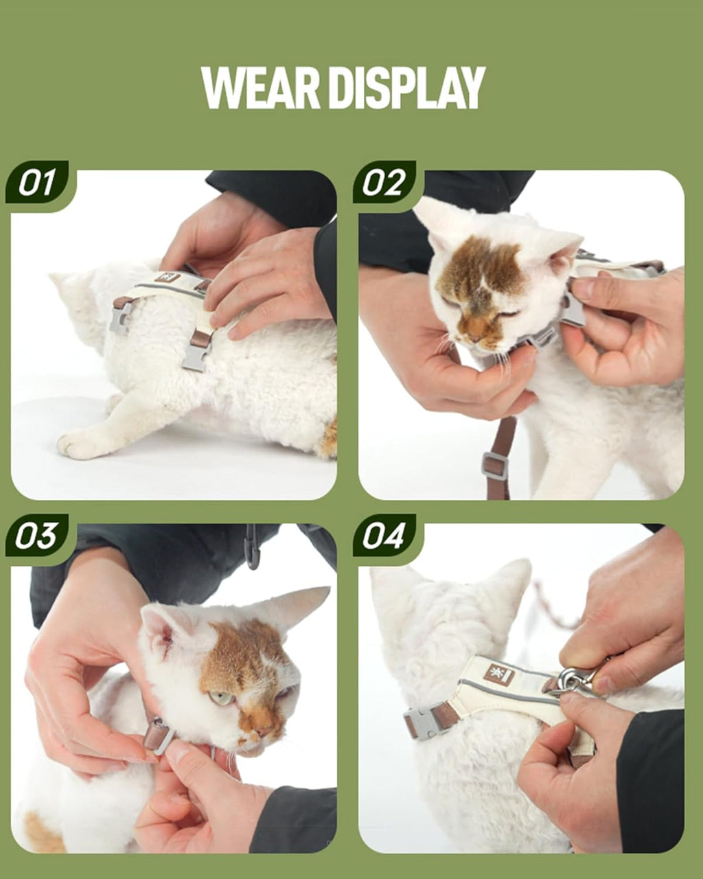 Beige Extra Small cat vest harness laid flat with the matching walking leash attached.