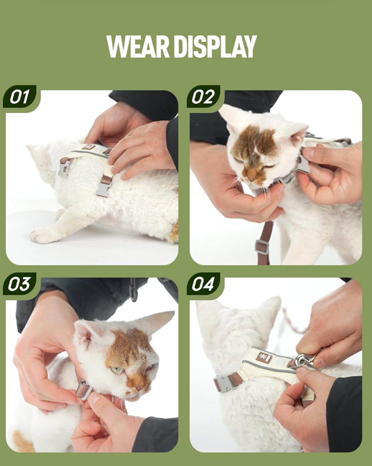 Beige Extra Small cat vest harness laid flat with the matching walking leash attached.