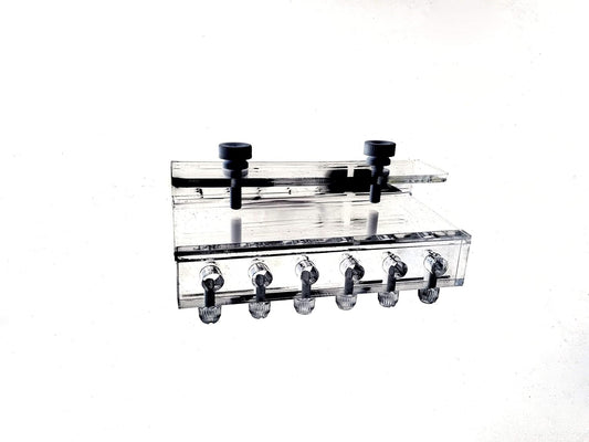 Marine Color Acrylic Dosing Pump Soft Tube Holder front view showing six tube holes and adjustable mounting clamp