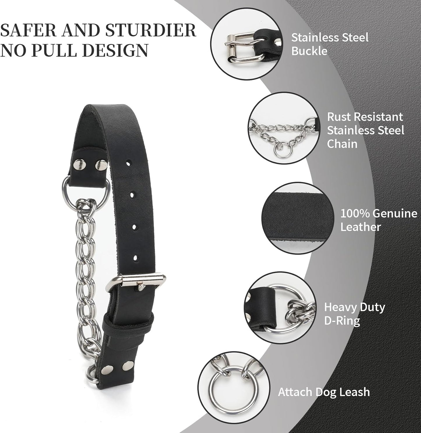 Durable rust resistant stainless steel hardware on genuine leather collar