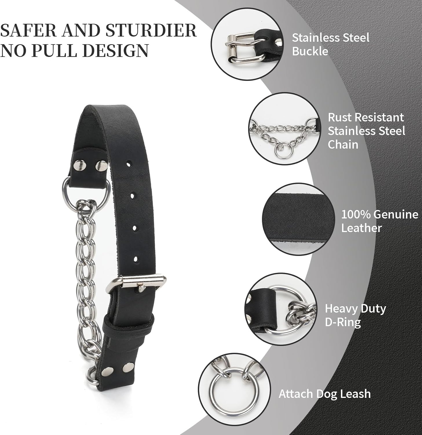 Durable rust resistant stainless steel hardware on genuine leather collar