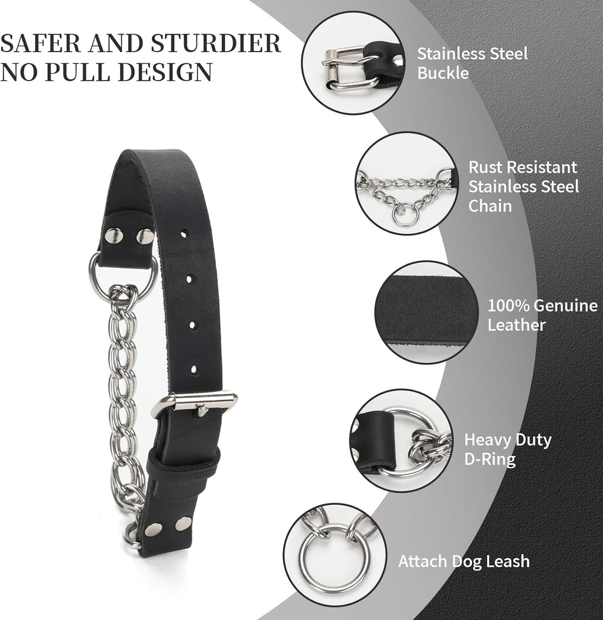 Durable rust resistant stainless steel hardware on genuine leather collar