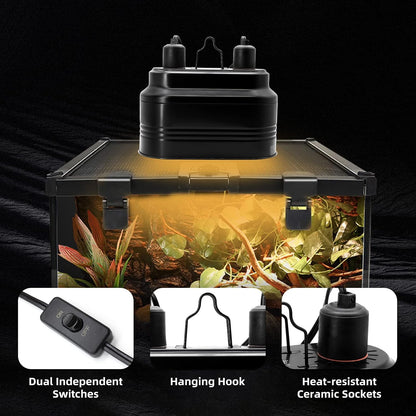 MECESOR dual reptile dome lamp with integrated hanging hook for secure overhead installation.