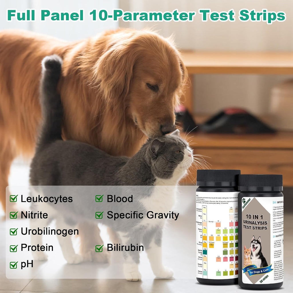 At home pet urine test kit showing fifty counts of diagnostic reagent strips.