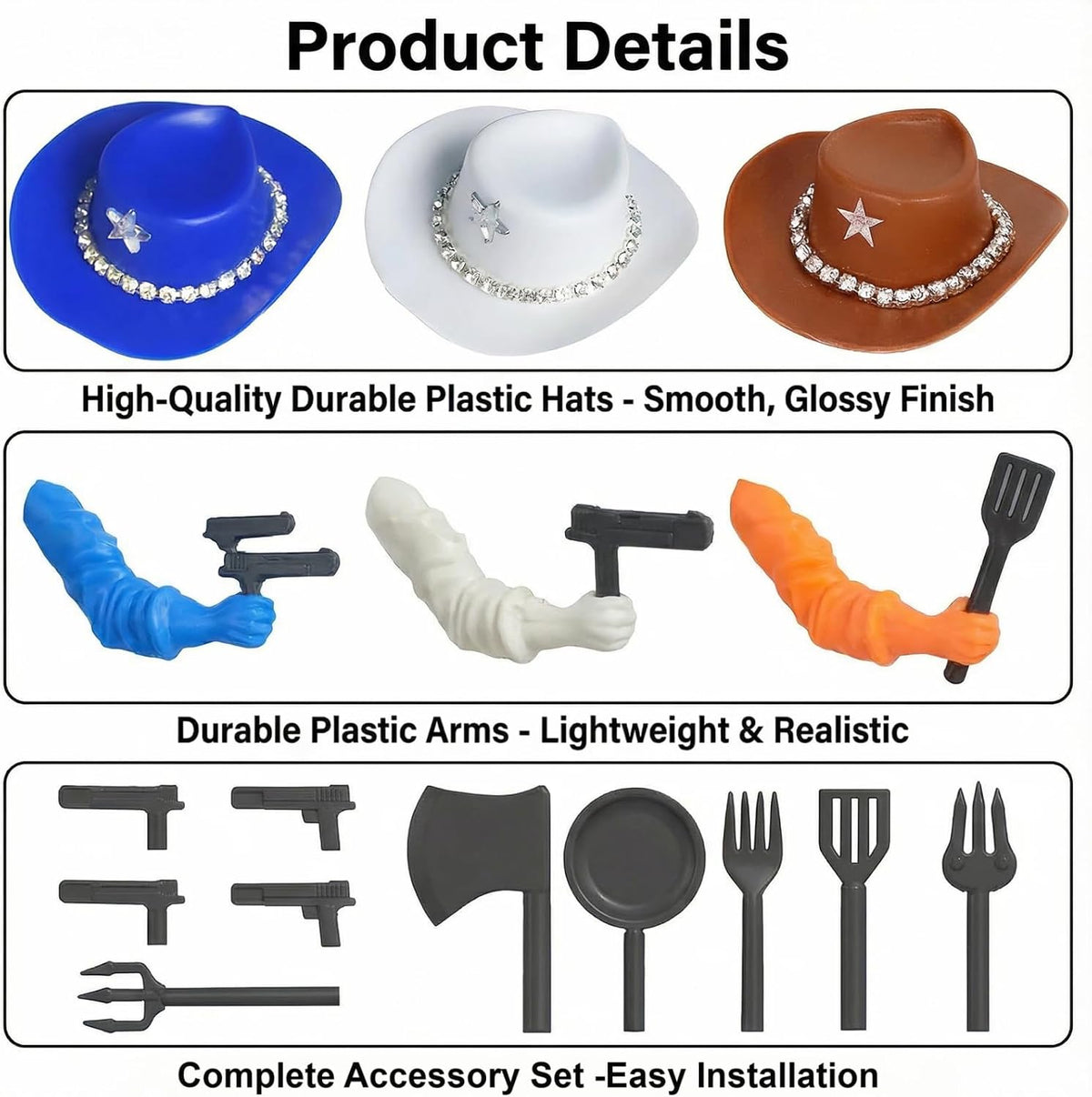 Complete contents of the ZIOU sixteen piece poultry gag prop kit featuring diverse interchangeable weapons