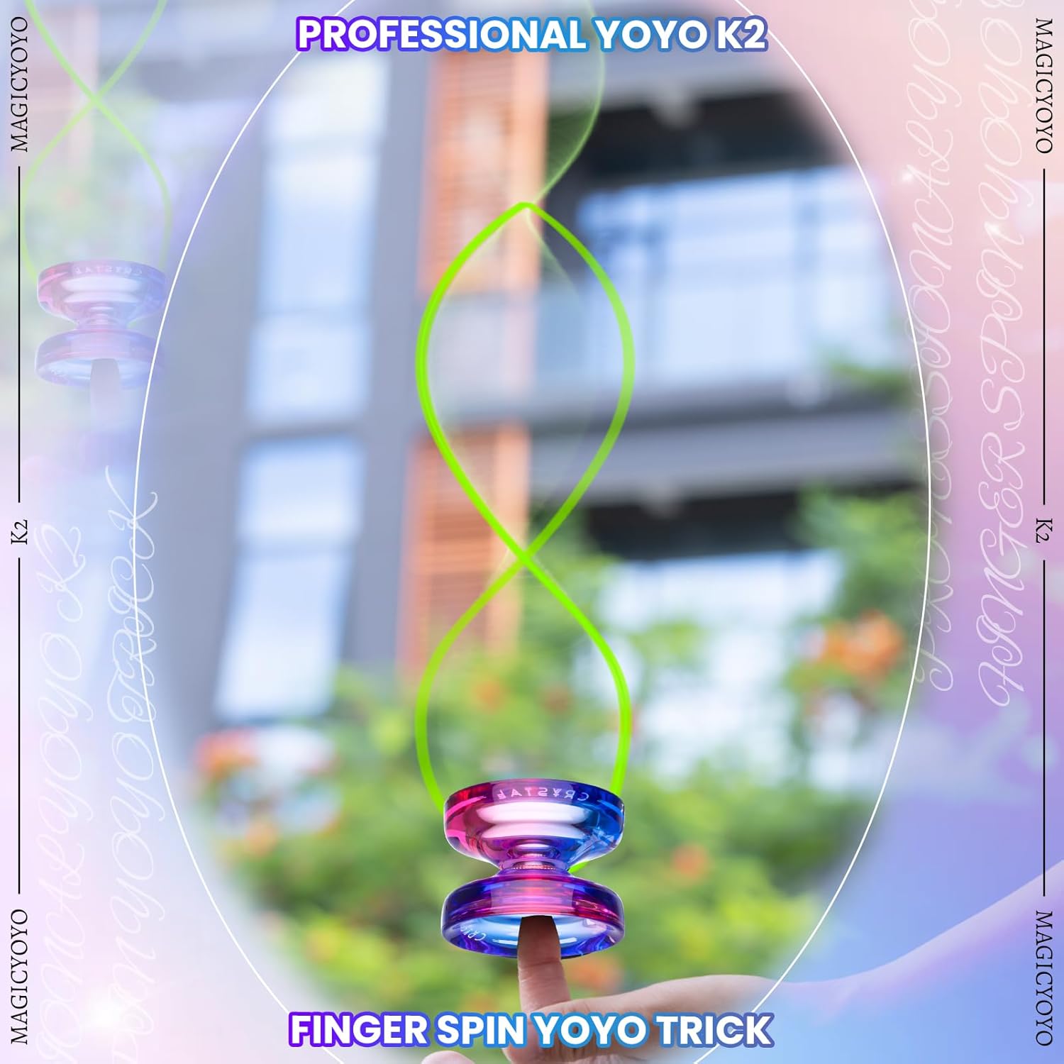 Gradient purple pink and crystal black professional yo-yos side view showing wide gap profile