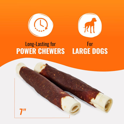Hand rolled beef hide chicken and bully chew for canine dental health.