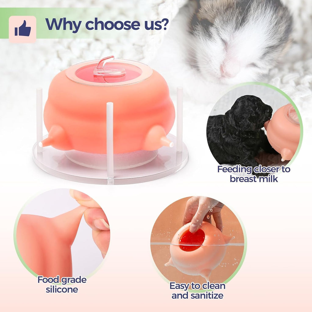 Elevonix anti choking silicone puppy feeder showcasing leak proof sealing needles inserted in teats