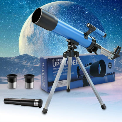 Luzsco beginner telescope for kids front view showing the fifty millimeter objective lens and multi-coated optics
