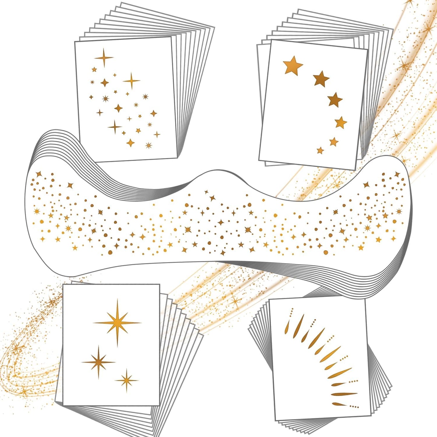 LemonSac gold face makeup patches front view showing individual sheets with gold glitter star and sparkle designs