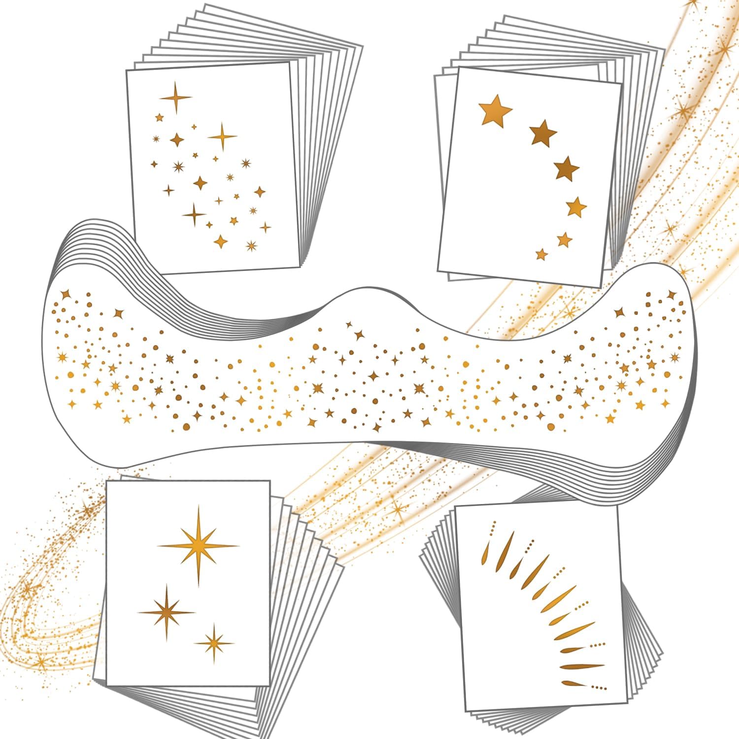 LemonSac gold face makeup patches front view showing individual sheets with gold glitter star and sparkle designs
