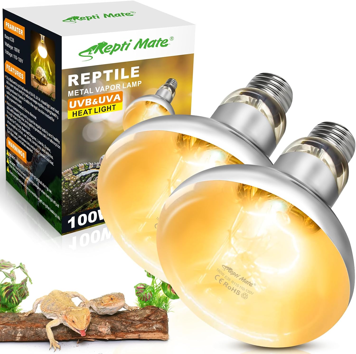 Repti Zoo reptile heat lamp bulbs front view of two pack packaging for terrariums
