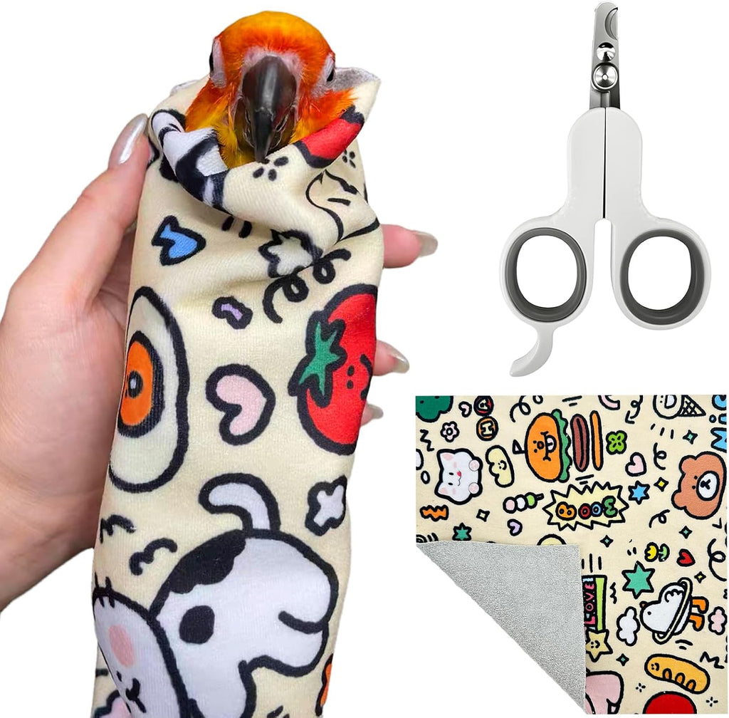 PEOT.SSHEE Bird Nail Clippers front view with colorful parrot grooming wrap blanket