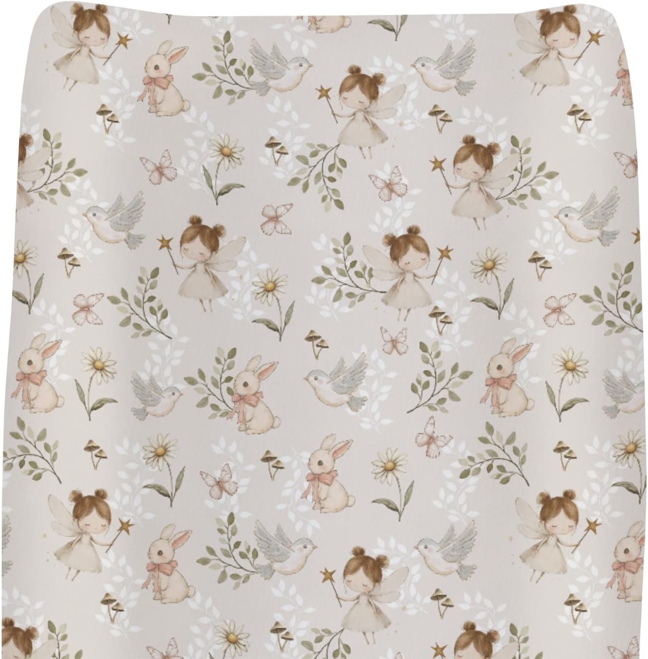 ZoUbqchY Boho Fairies baby changing pad cover top view featuring bunny and floral print.