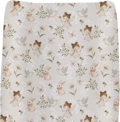 ZoUbqchY Boho Fairies baby changing pad cover top view featuring bunny and floral print.