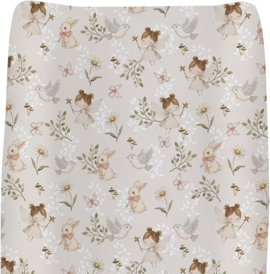 ZoUbqchY Boho Fairies baby changing pad cover top view featuring bunny and floral print.
