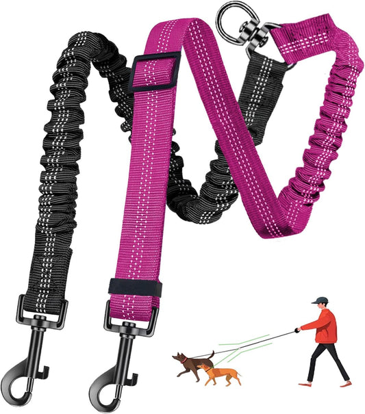 Leosasa double dog leash front view showing fuchsia tangle free splitter attachment.