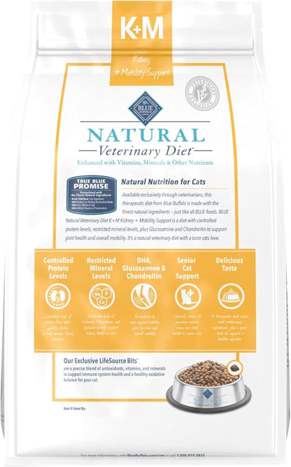 Close up of Blue Buffalo Kidney Plus Mobility Support dry cat food packaging highlighting renal and joint care benefits.