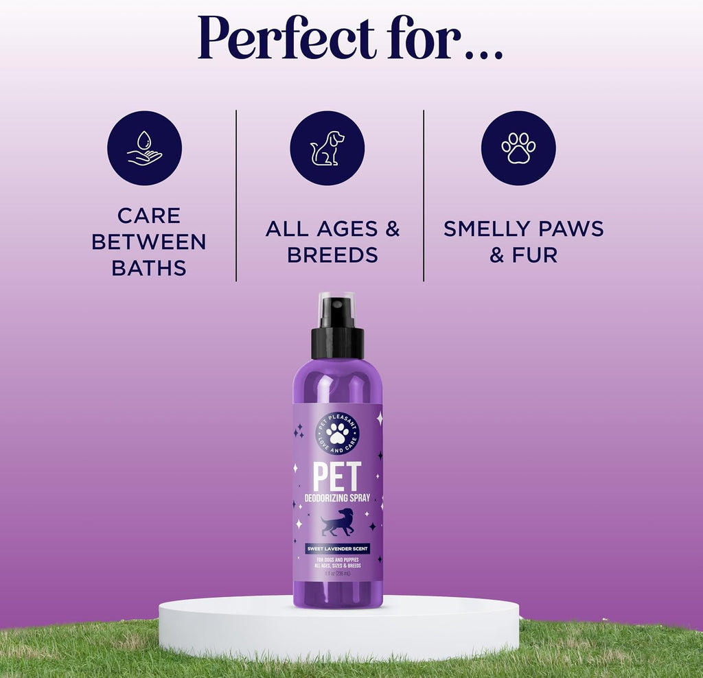 Pet owner using lavender dog deodorizer on a golden retriever