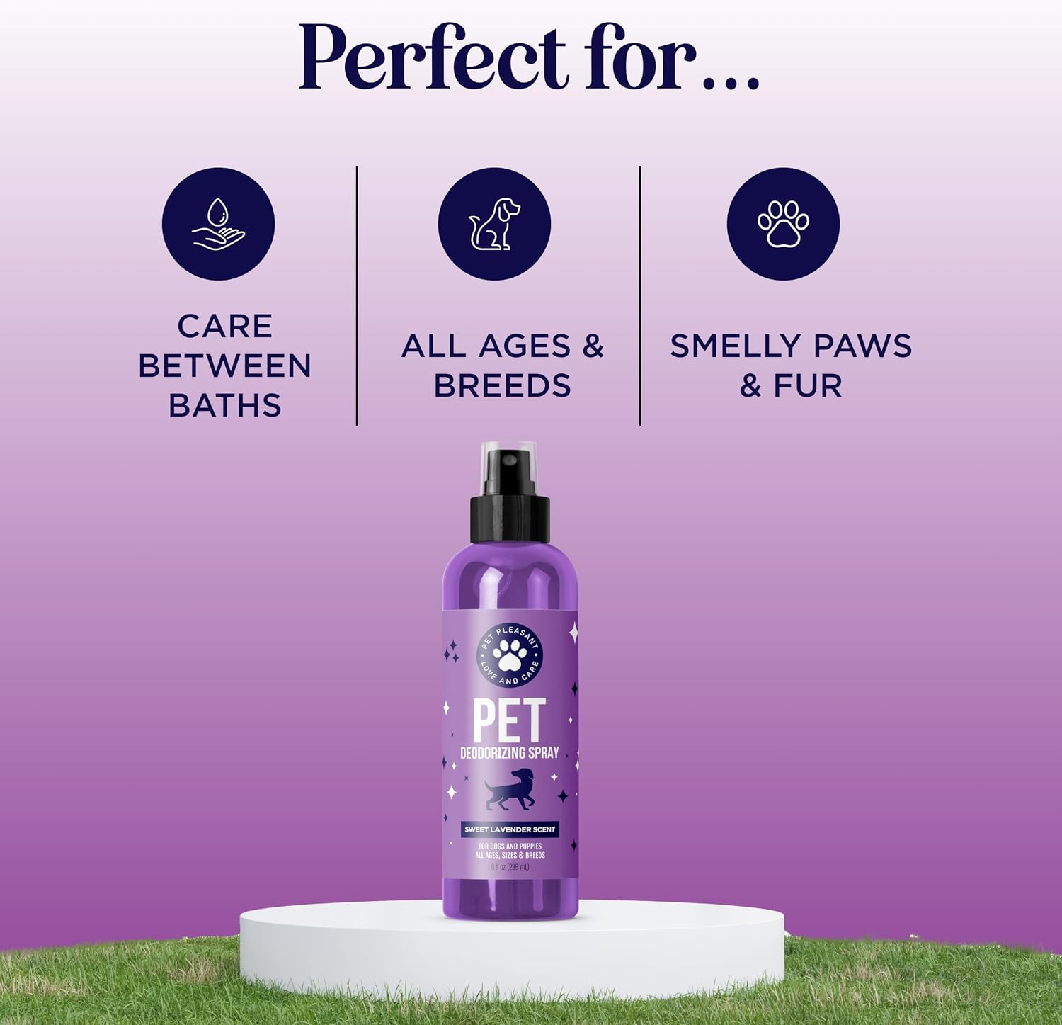Pet owner using lavender dog deodorizer on a golden retriever