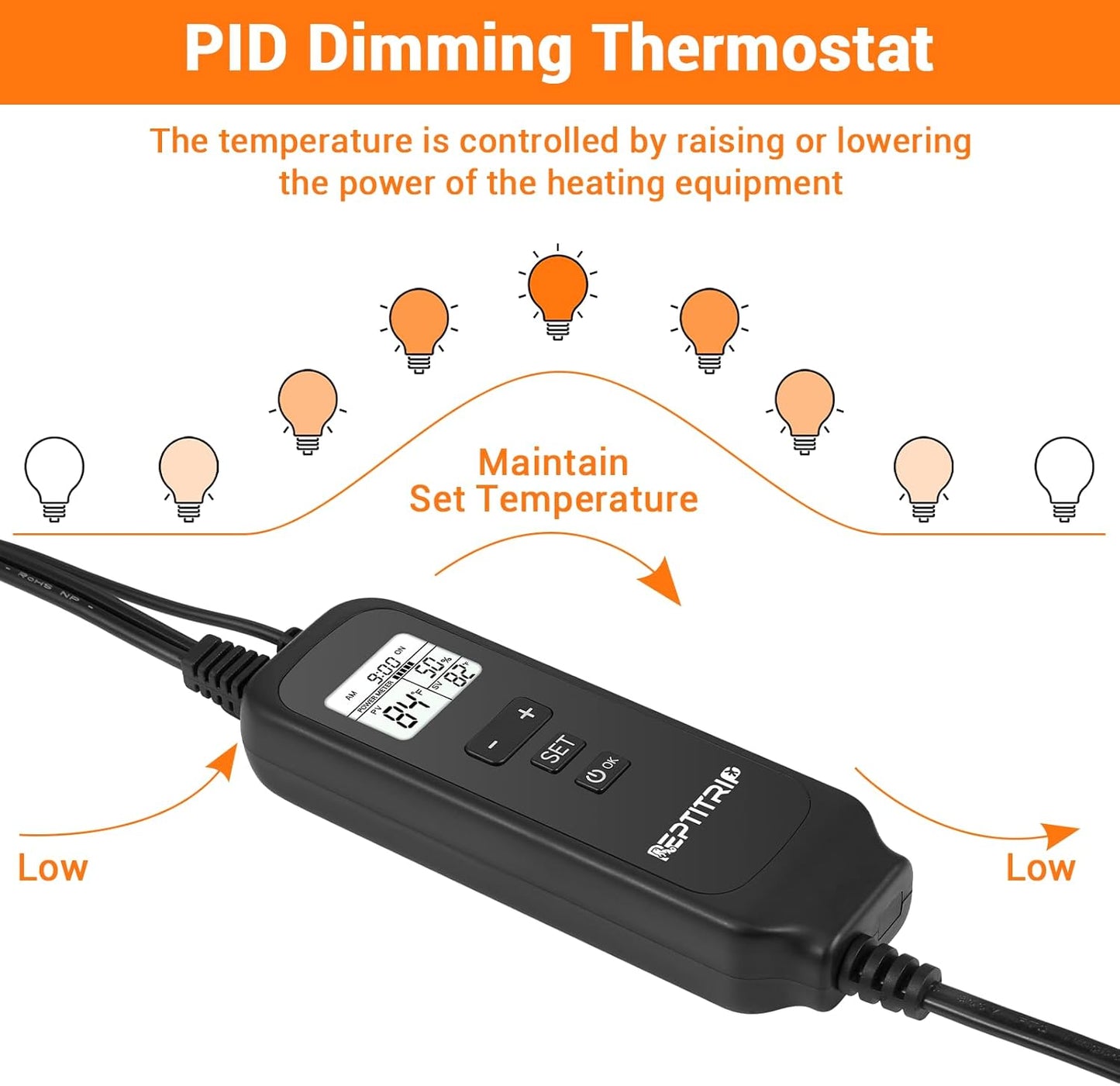 REPTITRIP 8.5" Reptile Heat Lamp Fixture with PID Dimming Thermostat, Independent Day Night Temperature Control, MAX 150W (Bulb Not Included) - Image 9