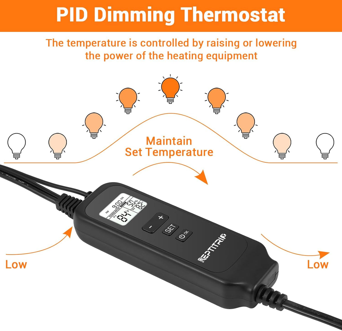 REPTITRIP 8.5" Reptile Heat Lamp Fixture with PID Dimming Thermostat, Independent Day Night Temperature Control, MAX 150W (Bulb Not Included) - Image 9